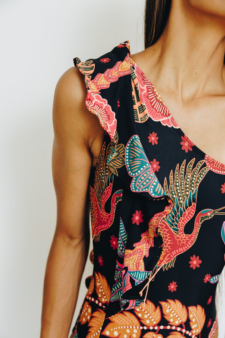 Pink Palm One Shoulder Ruffle Full Costume