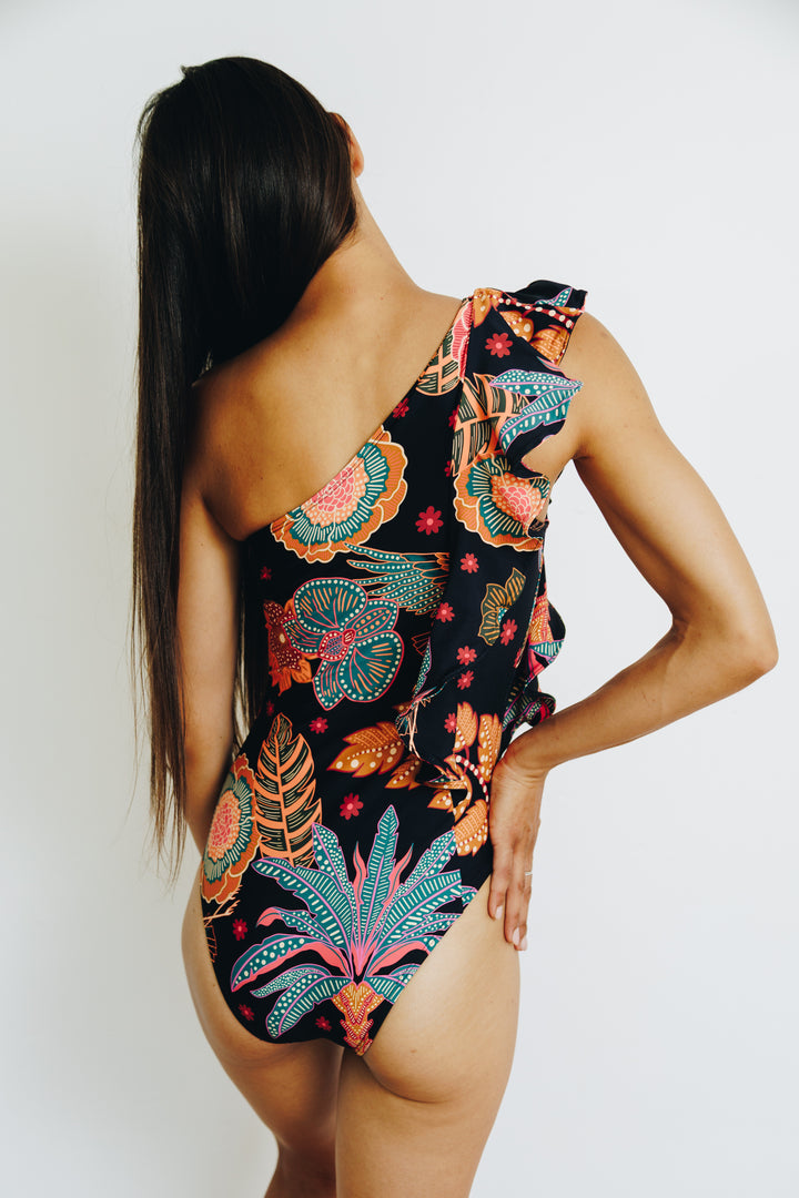 Pink Palm One Shoulder Ruffle Full Costume