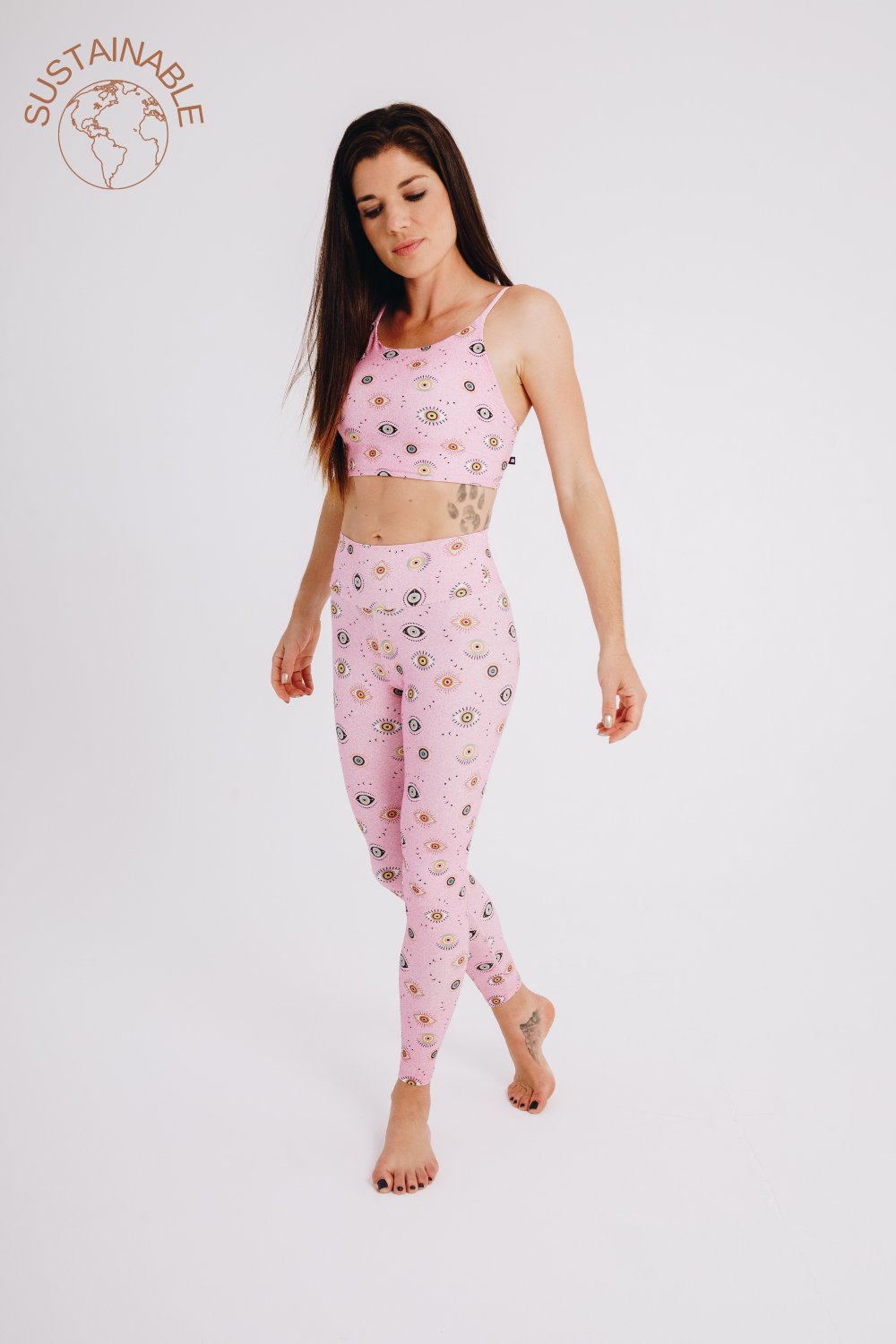 Evil eye pink sustainable yoga leggings. 