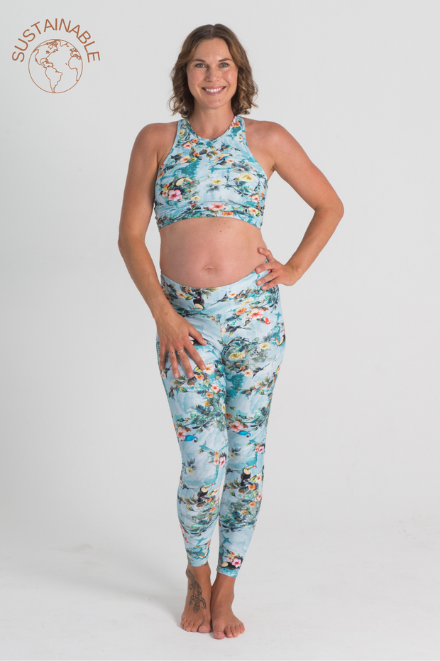Eco friendly, sustainable leggings for yoga and pilates with a tropical print